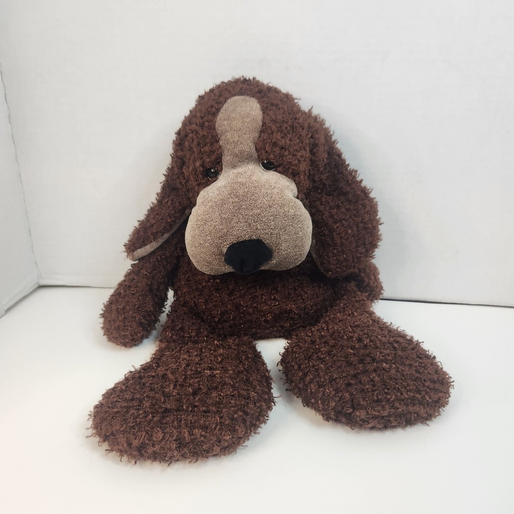 Vintage 90s Russ Berrie FLATFOOT Basset‎ Hound Dog Plush Shaggy Brown Curly Fur